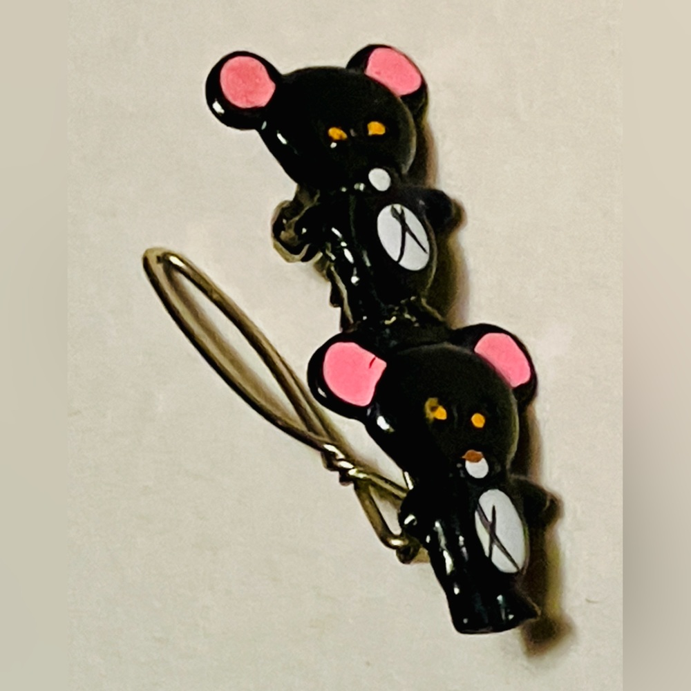 Vintage Mouse Barrette Hair Clip Black & Pink Enamel Japan 1970s Metal Back